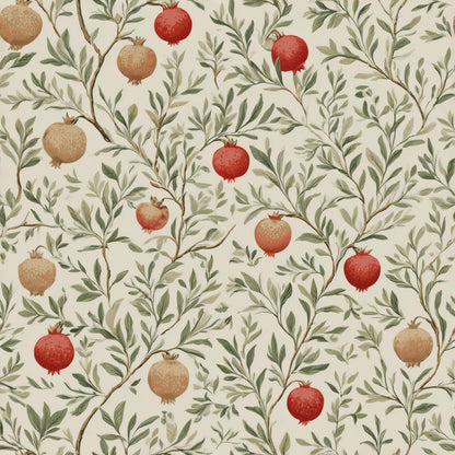 Wallpaper with pomegranates and leafy branches in red, green, and cream tones.