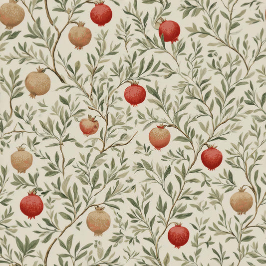 Wallpaper with pomegranates and leafy branches in red, green, and cream tones.