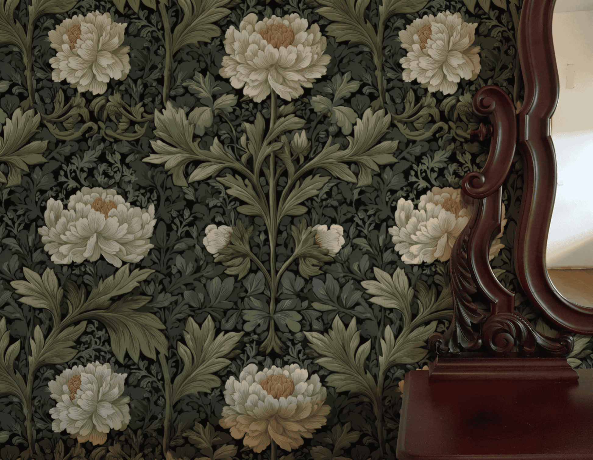 The Eden Bloom Wallpaper features a dark botanical design with cream-colored peonies, leafy green stems, and a partial wooden mirror frame visible on the right side.