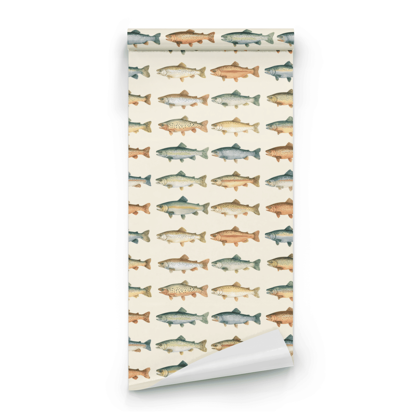 Nature Wallpaper roll close-up showing the trout drawing in close watercolor neutral coastal detail