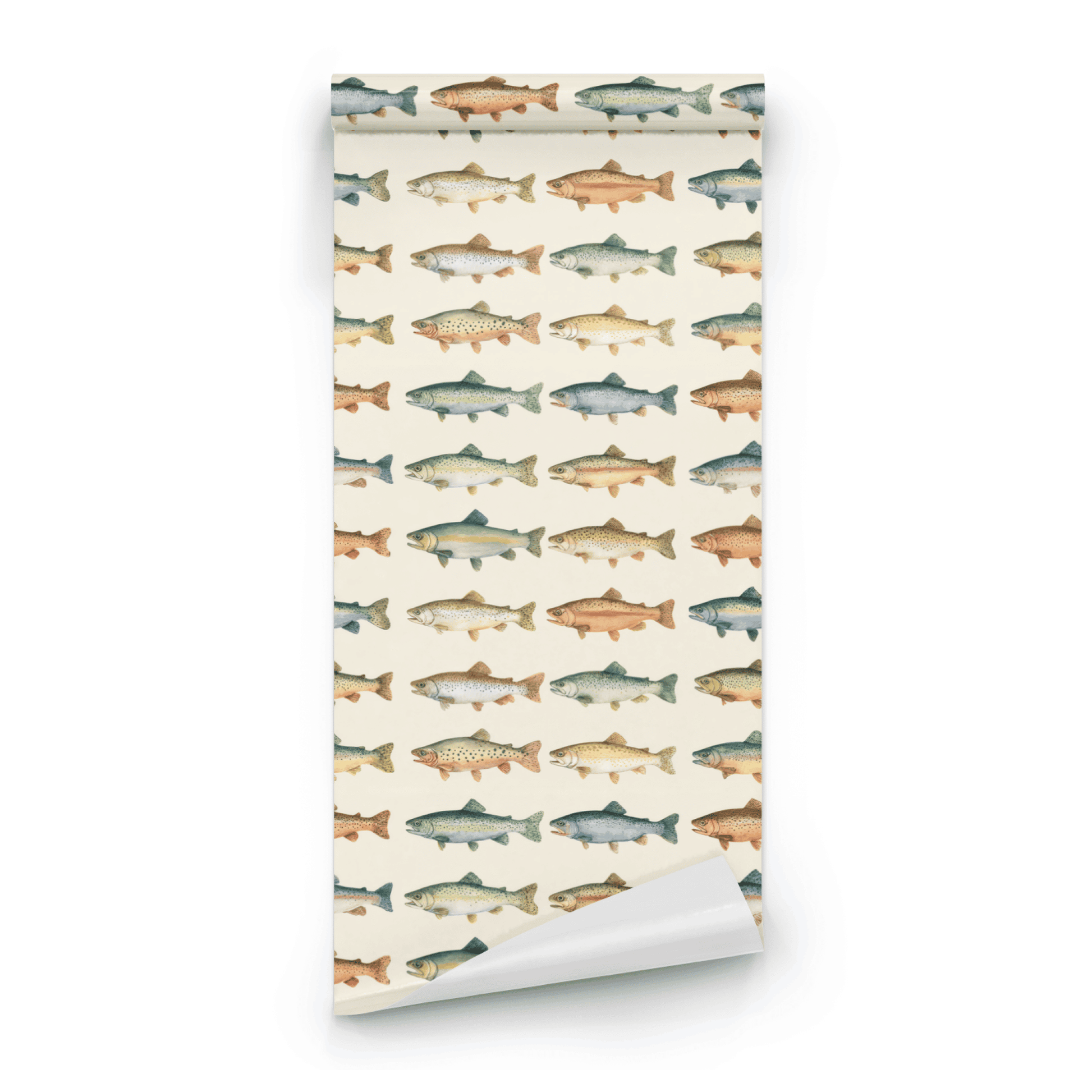 Nature Wallpaper roll close-up showing the trout drawing in close watercolor neutral coastal detail