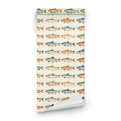 Nature Wallpaper roll close-up showing the trout drawing in close watercolor neutral coastal detail