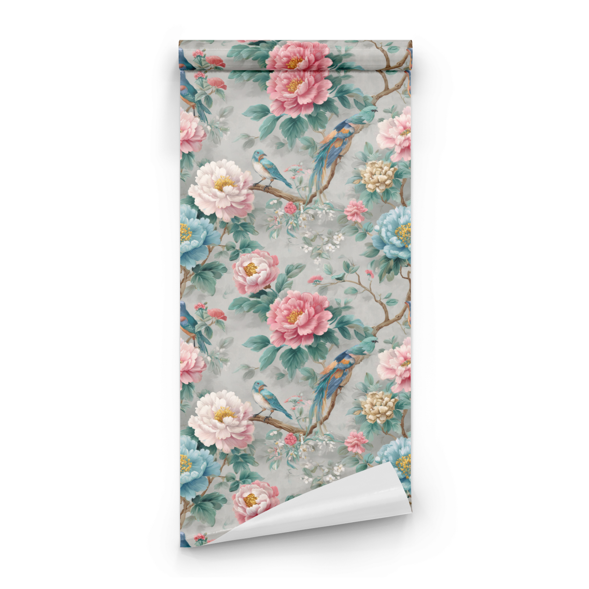 Teal Chinoiserie | Grey Floral Wallpaper | Scenic - Roll Preview