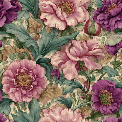 Wallpaper with lush peonies in soft pink and purple tones, surrounded by green leaves.