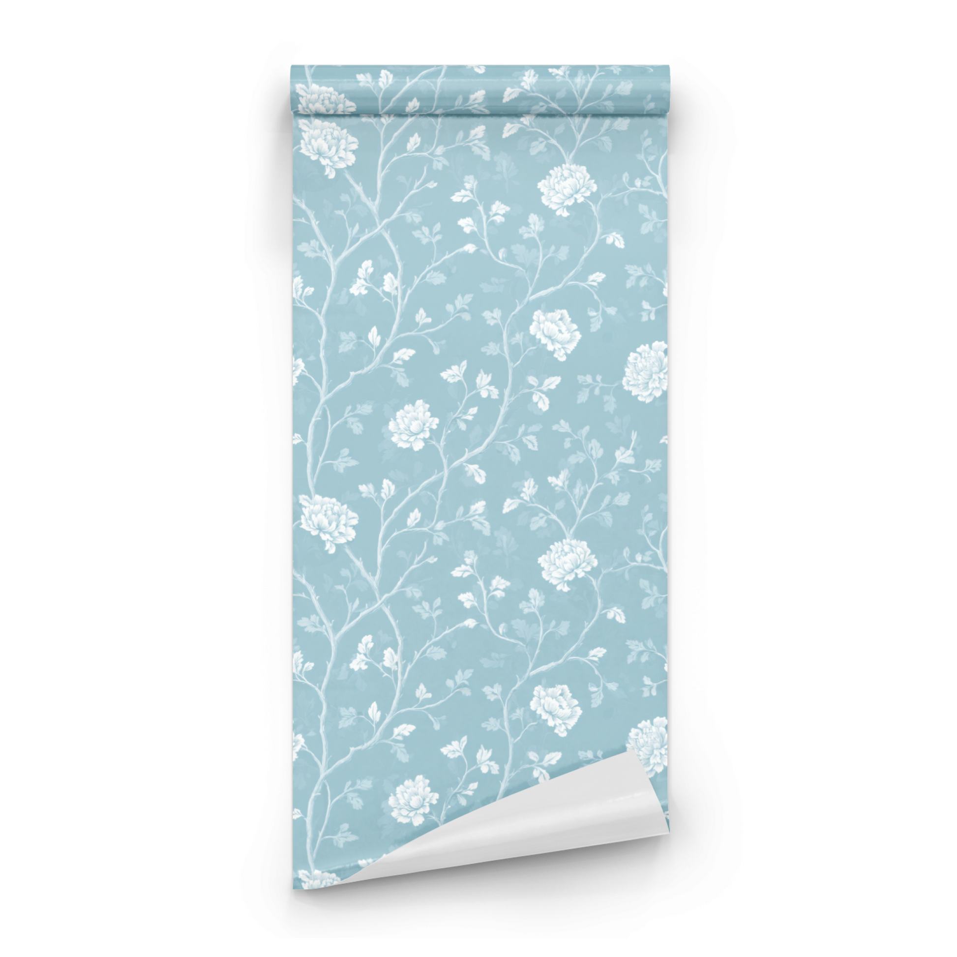 Blue Floral Wallpaper roll close-up showing the tendril drawing in close powder blue Arts and Crafts detail