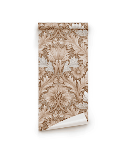 Antique Flora Wallpaper features intricate floral and leaf patterns in beige and cream tones, partially unrolled on a white background—ideal for adding timeless charm to elegant decor.