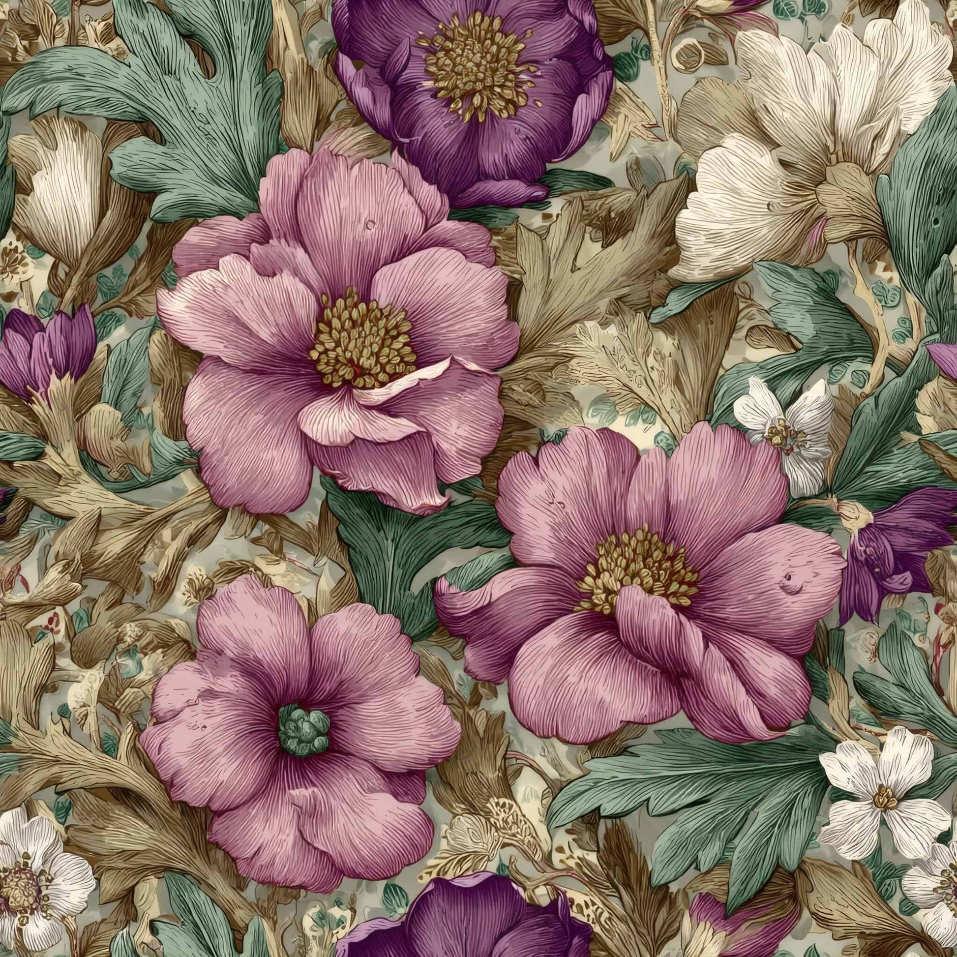 Wallpaper with vintage floral pattern featuring pink and purple blooms with green and beige leaves.