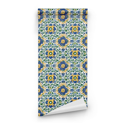 White Floral Wallpaper roll preview showing the majolica floral drawing on white Arts and Crafts ground in close detail