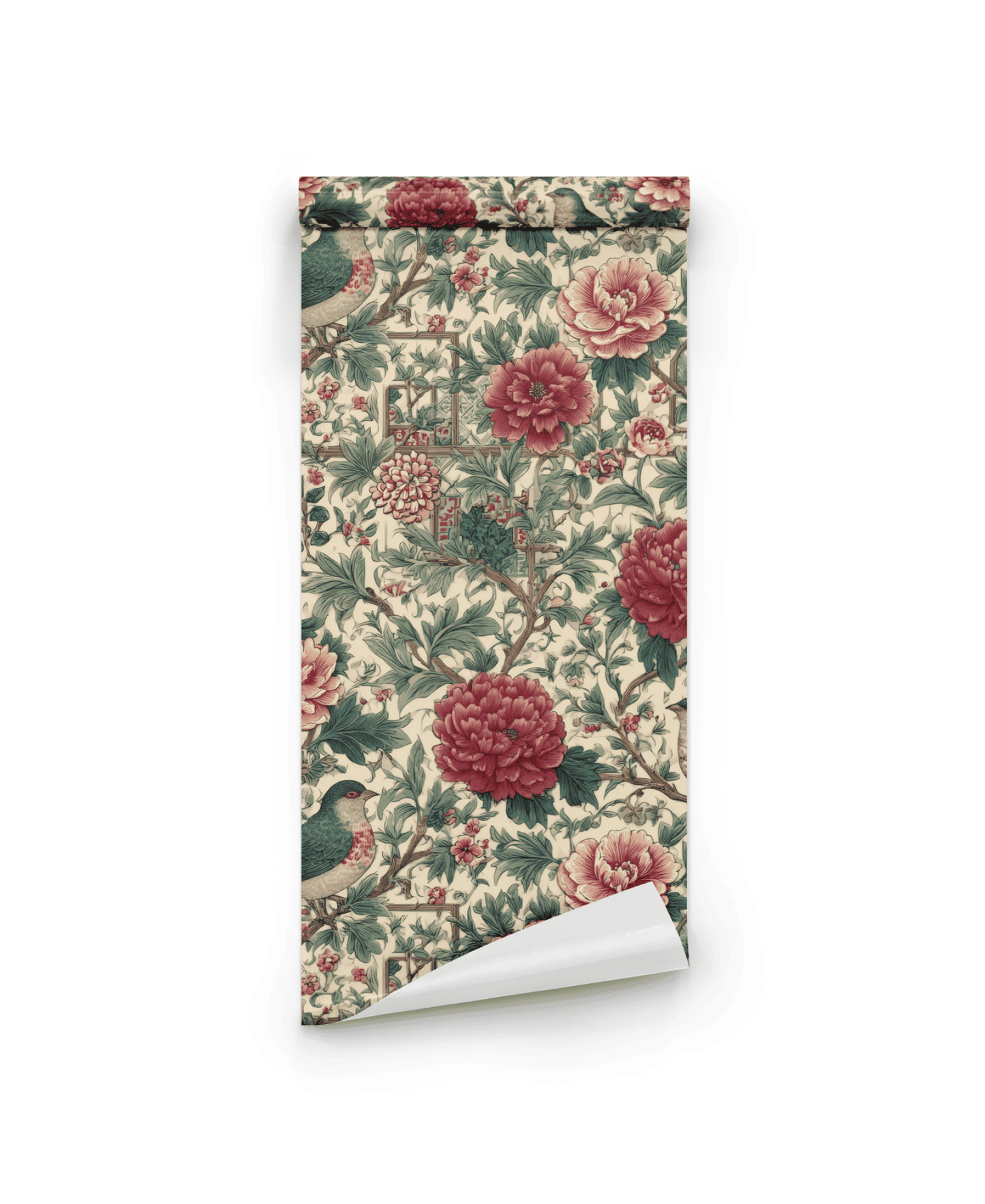 Peony Birds Wallpaper: an elegant roll featuring vintage floral and bird patterns in muted green, red, and beige tones on a white background.
