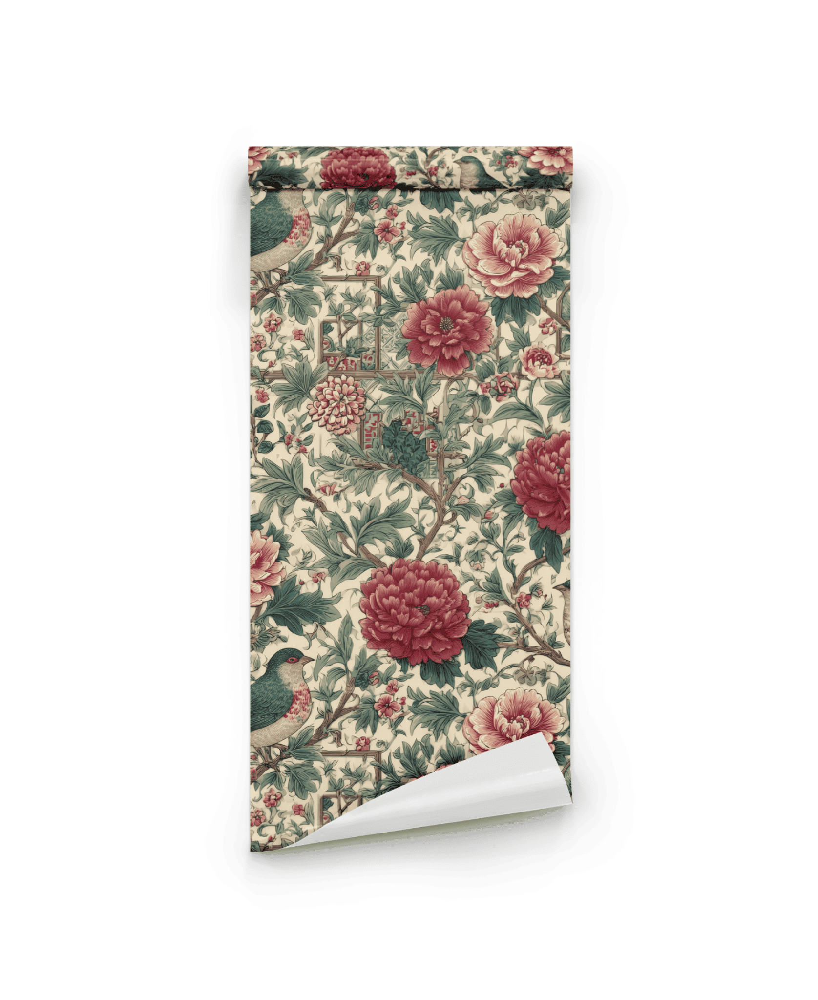 Peony Birds Wallpaper: an elegant roll featuring vintage floral and bird patterns in muted green, red, and beige tones on a white background.
