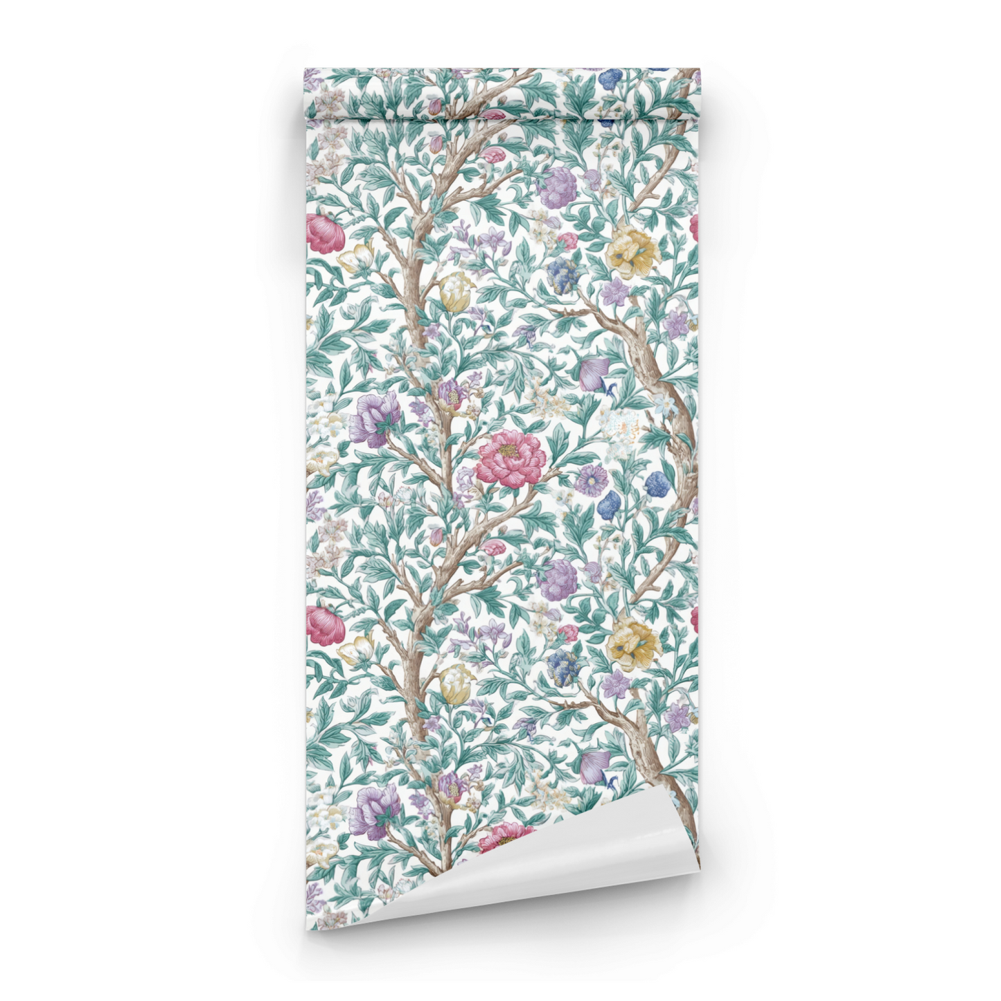 White Floral Wallpaper roll close-up showing the arbor floral drawing in close lavender-and-white Arts and Crafts detail