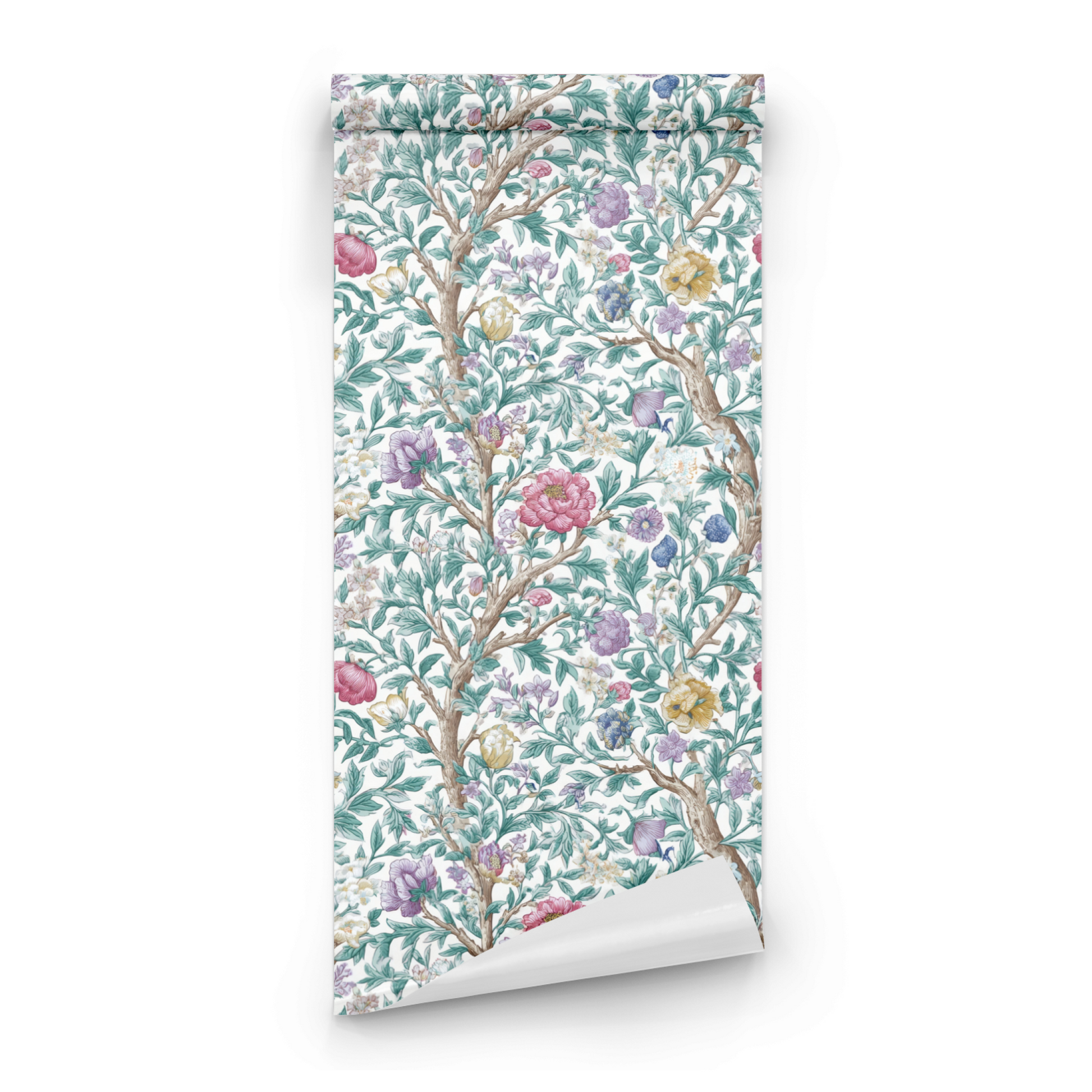 White Floral Wallpaper roll close-up showing the arbor floral drawing in close lavender-and-white Arts and Crafts detail