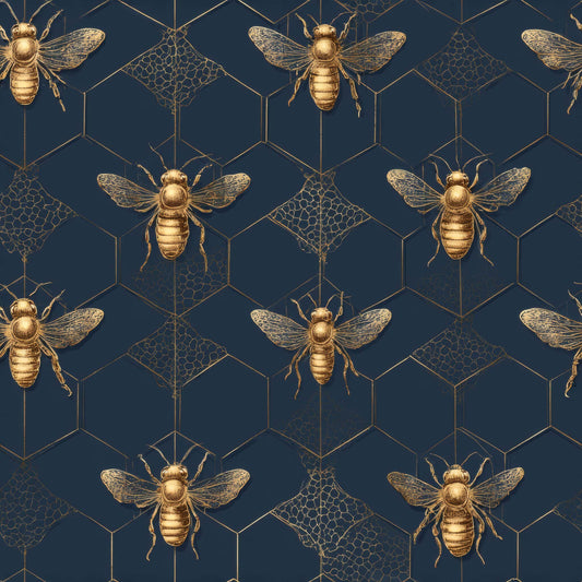 Wallpaper with golden bees and honeycomb pattern on a navy background.