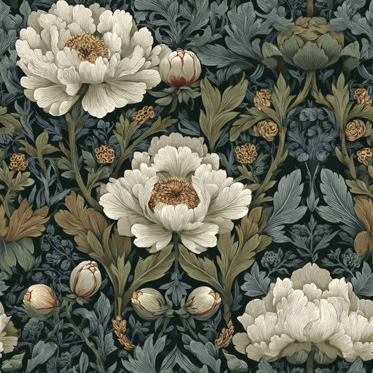 Wallpaper with large white peony flowers on a dark background with green and beige leaves.