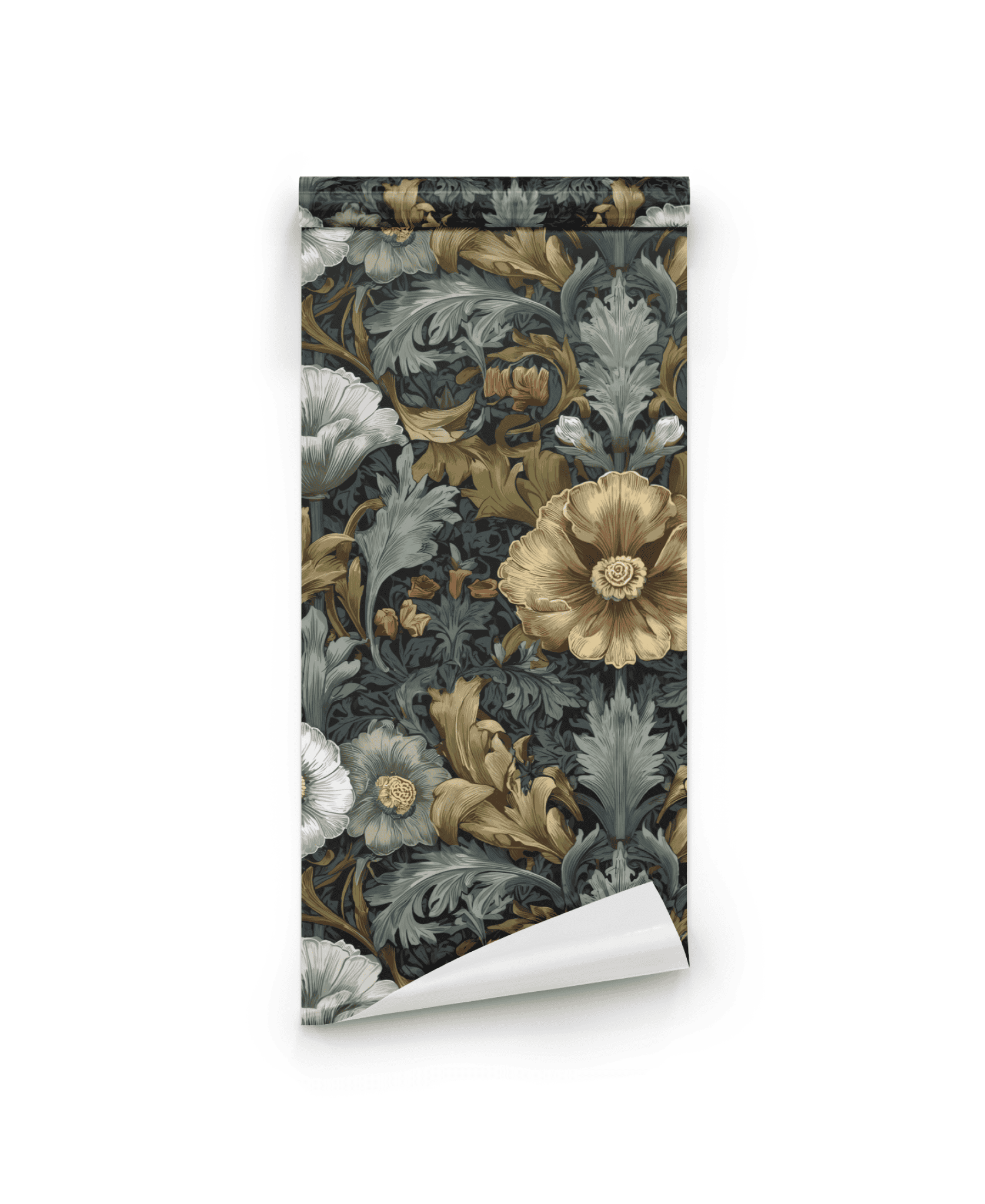 Midnight Blooms Wallpaper features a botanical floral tapestry in muted green, gold, and white shades, set against a plain white background for a timelessly elegant look.