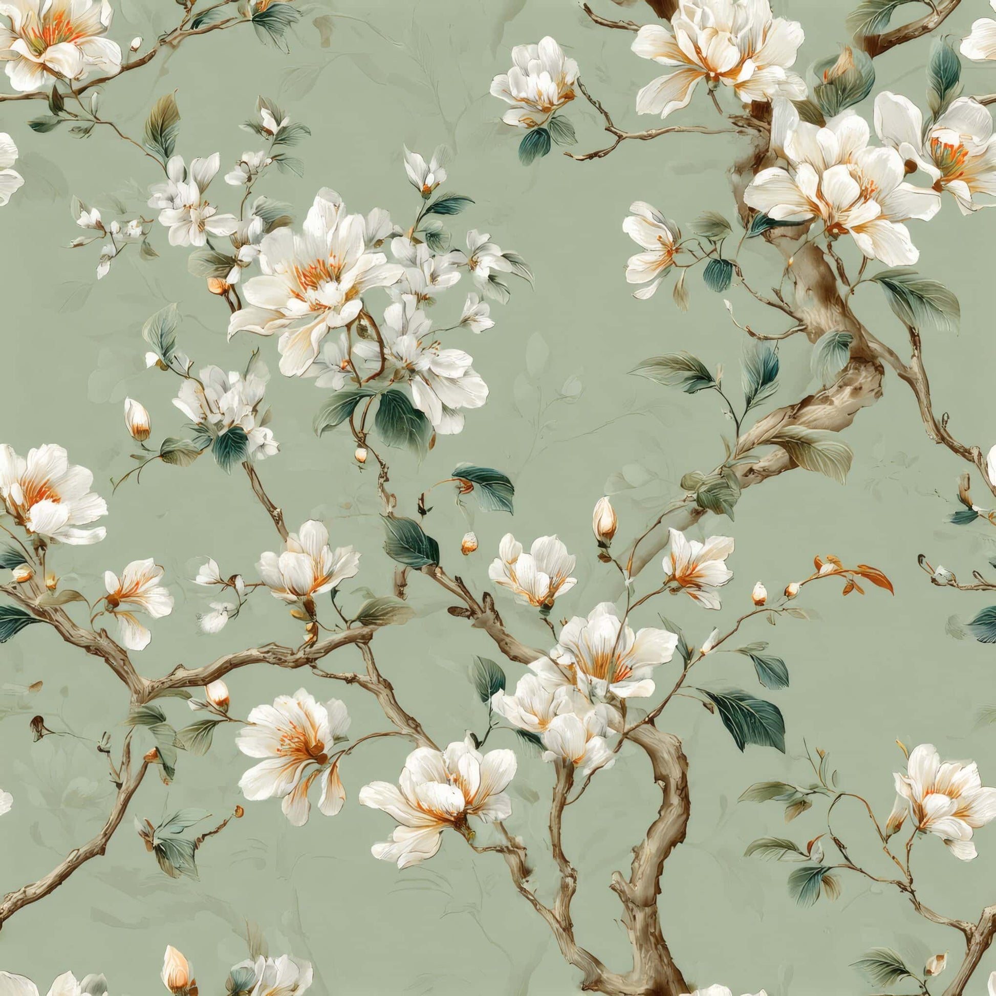 Wallpaper featuring delicate white magnolia blossoms on a soft sage green background.