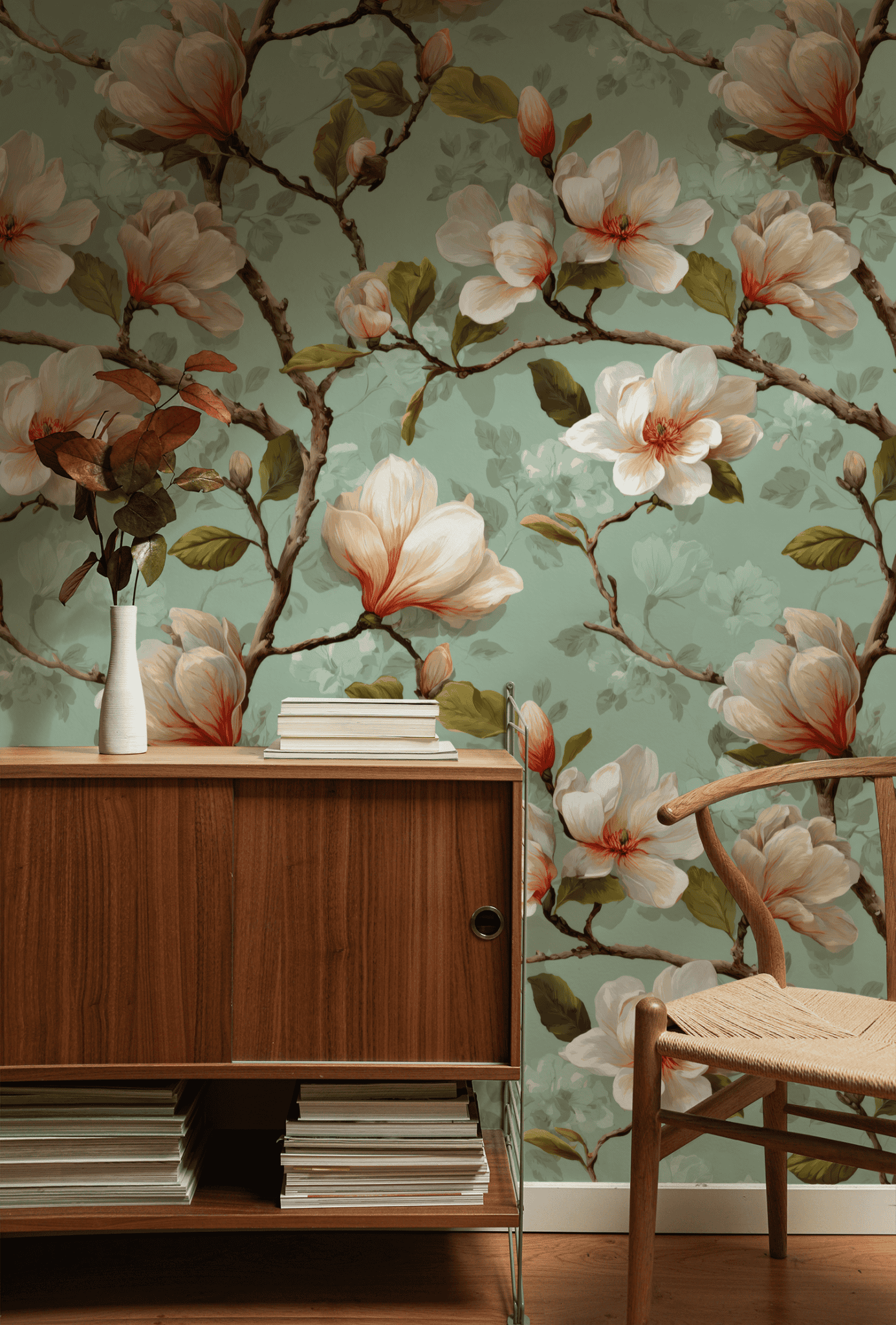 A wooden sideboard with books and a vase stands before Magnolia Dream Wallpaper, which features large white magnolia flowers and green leaves. A woven chair is partially visible.
