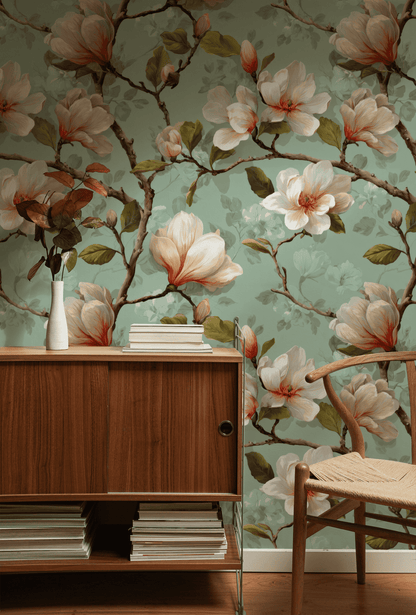 A wooden sideboard with books and a vase stands before Magnolia Dream Wallpaper, which features large white magnolia flowers and green leaves. A woven chair is partially visible.