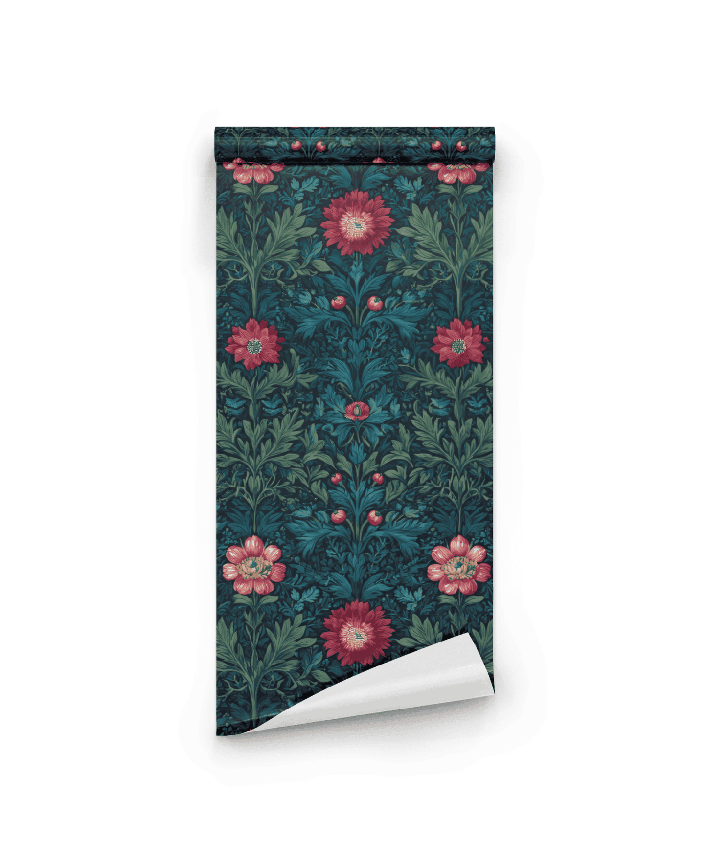 The Crimson Blooms Wallpaper features a dark green background with leafy patterns and symmetrical pink and crimson floral designs. Partially unrolled on a white surface, it adds an elegant touch to any decor.