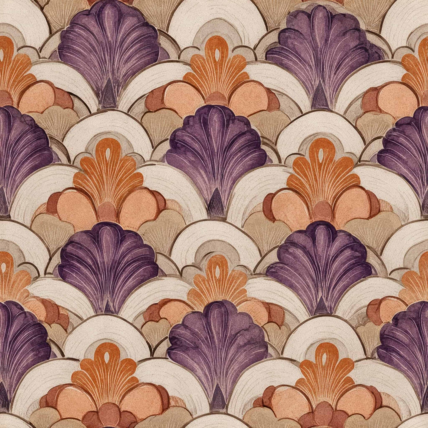 Art Deco wallpaper with purple and orange floral patterns on a neutral background.