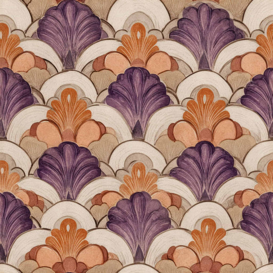 Art Deco wallpaper with purple and orange floral patterns on a neutral background.