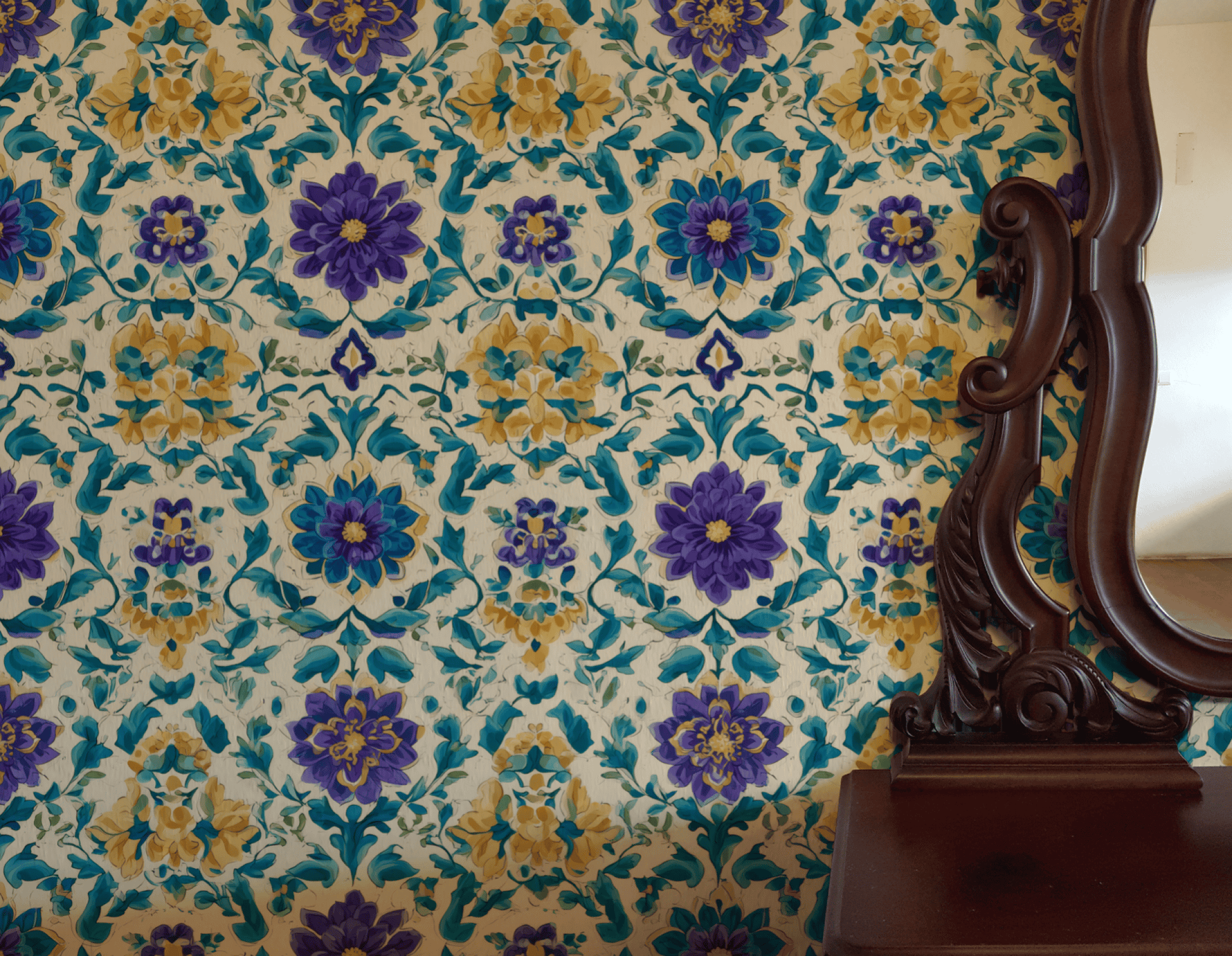 Floral Reverie Wallpaper features ornate blue, golden yellow flowers, and green patterns, with a dark wooden mirror frame partially visible on the right.