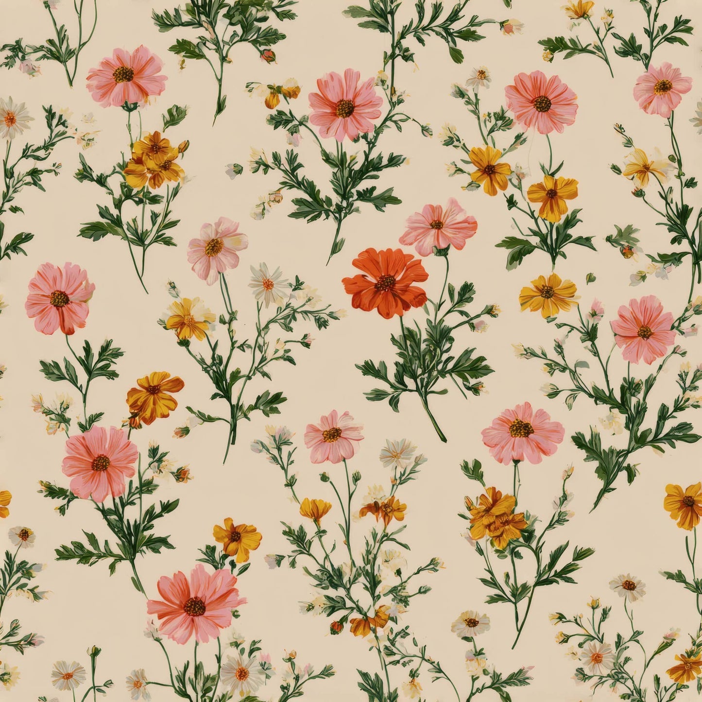 Floral wallpaper with pink, orange, and yellow flowers on a beige background.