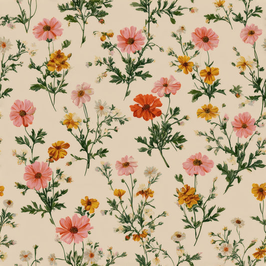 Floral wallpaper with pink, orange, and yellow flowers on a beige background.