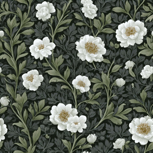Wallpaper with white peonies and green leaves on a dark background.