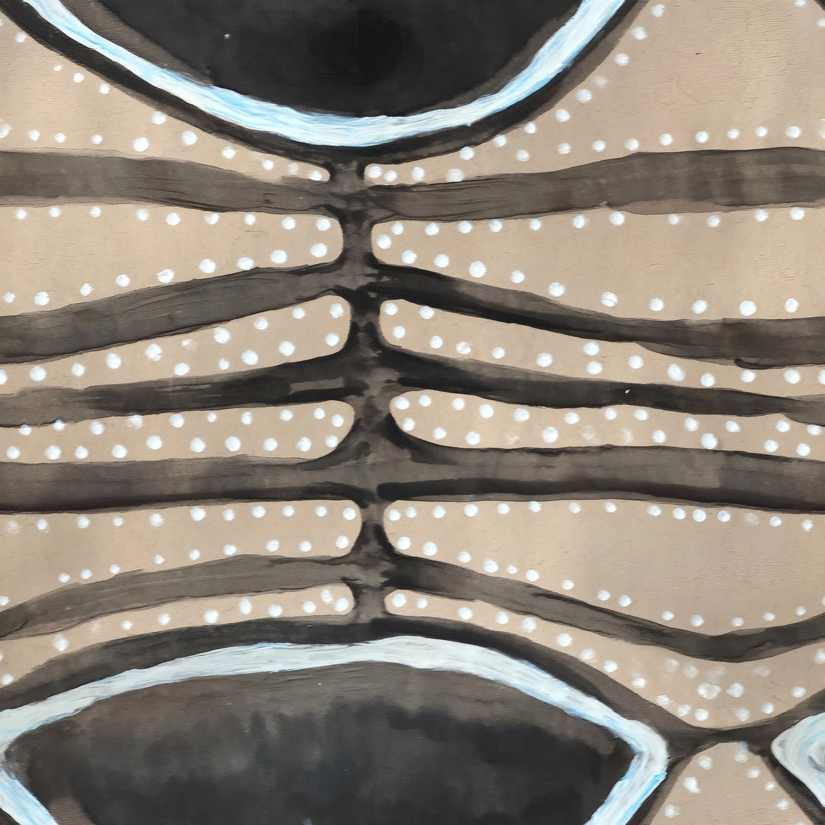 Brushed ink bands with hand-painted white dots around large dark almond eyes ringed in pale blue-white, on kraft-paper brown.