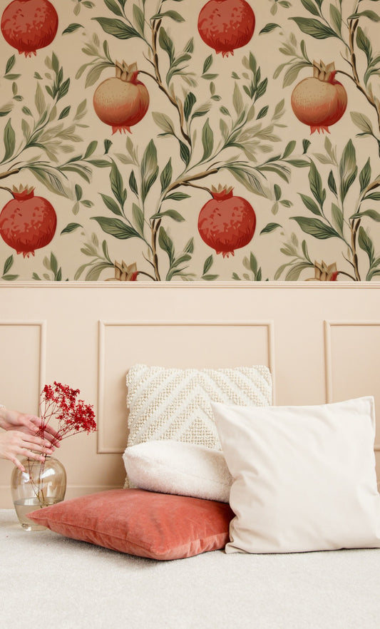Earthy Pomegranate large scale wallpaper in a styled room