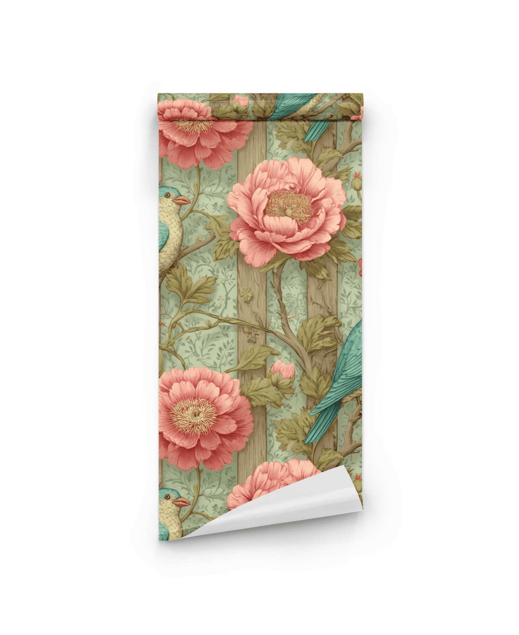 Peony Haven Wallpaper is a roll of garden wallpaper showcasing vibrant large pink peonies, green leaves, and delicate birds on a muted green background.