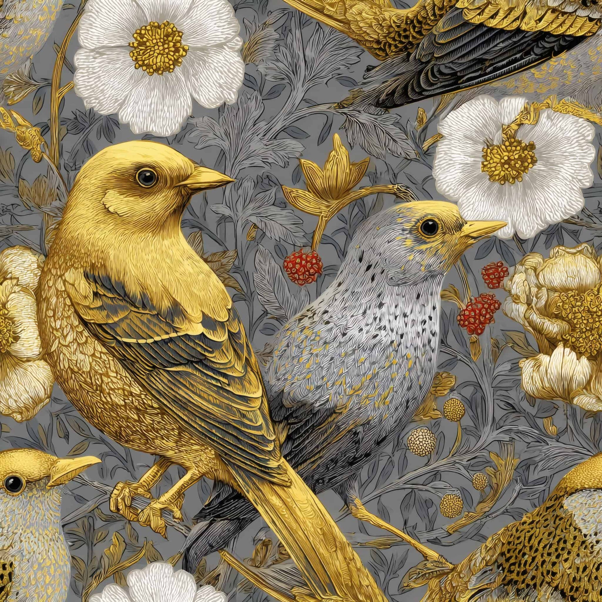 Golden and gray birds with white flowers on a gray background, intricate and elegant design.