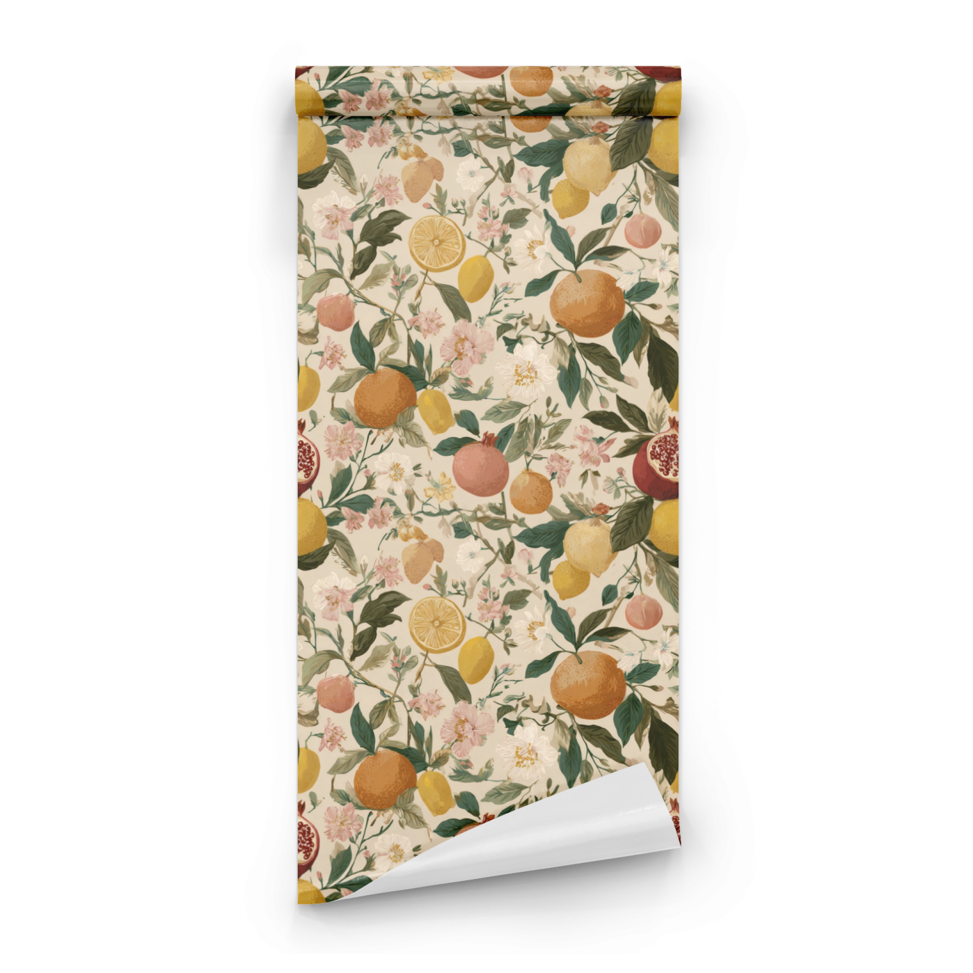 Neutral Floral Wallpaper roll preview showing the etched fruit-and-floral drawing in close neutral detail