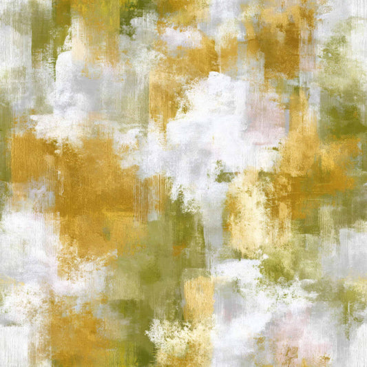 Abstract wallpaper with golden and green tones, featuring soft and artistic brushstrokes.