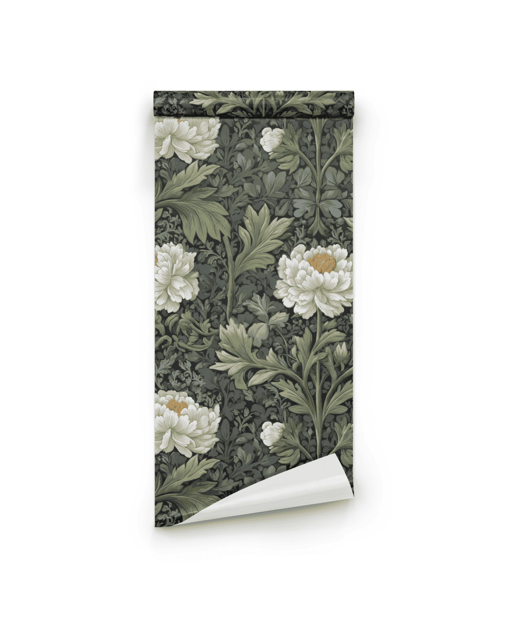 Eden Bloom Wallpaper features a dark green background adorned with large white flowers and leafy foliage for an elegant look.