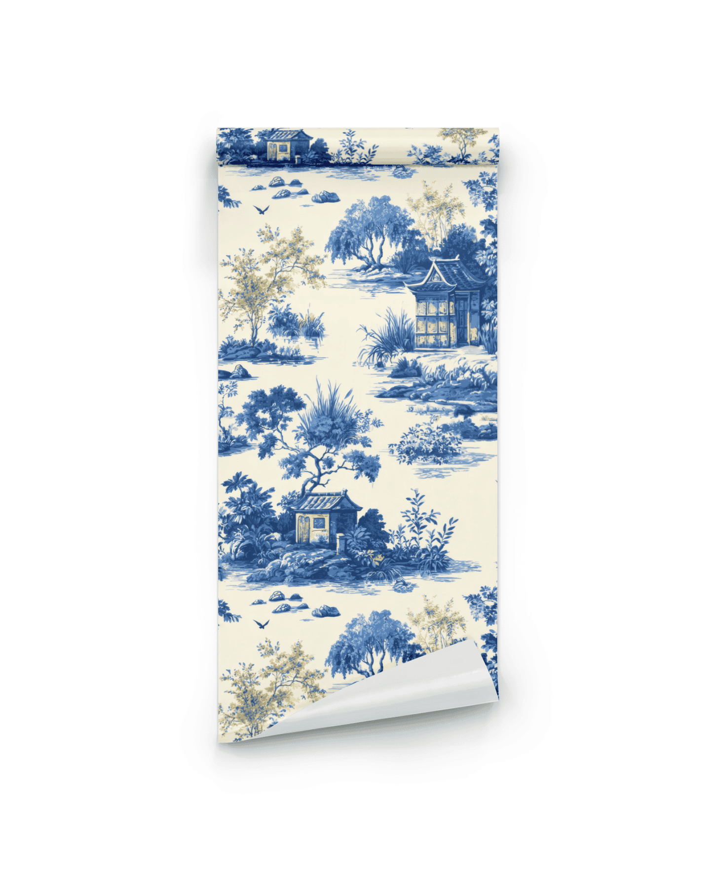 Azure Serenity Wallpaper features a blue and white pastoral landscape with trees, quaint buildings, and natural scenery on a cream background, adding timeless elegance to any room.