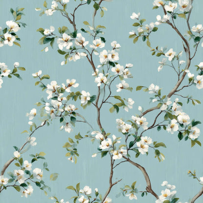 Wallpaper with white blossoms on a blue background, creating a peaceful floral pattern.