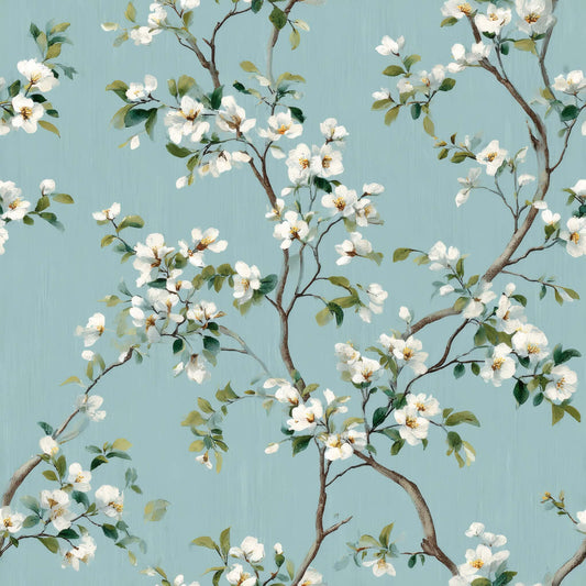 Wallpaper with white blossoms on a blue background, creating a peaceful floral pattern.