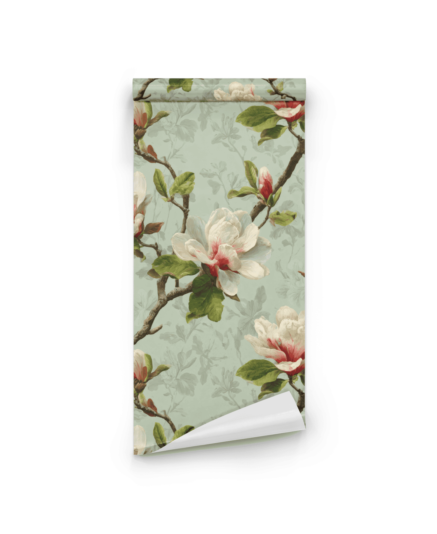 Magnolia Blossom Wallpaper features cream and blush magnolia flowers with green leaves on a muted green background, creating a soft botanical ambiance.