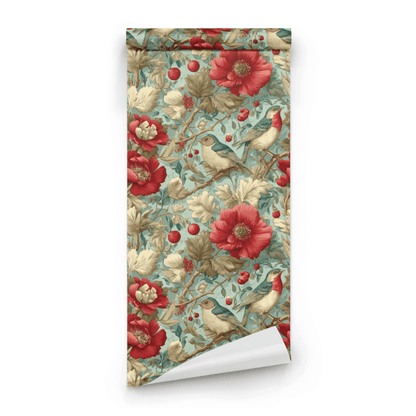 Green Floral Wallpaper roll preview showing the bird-and-floral drawing in the Arts and Crafts burgundy-and-green palette