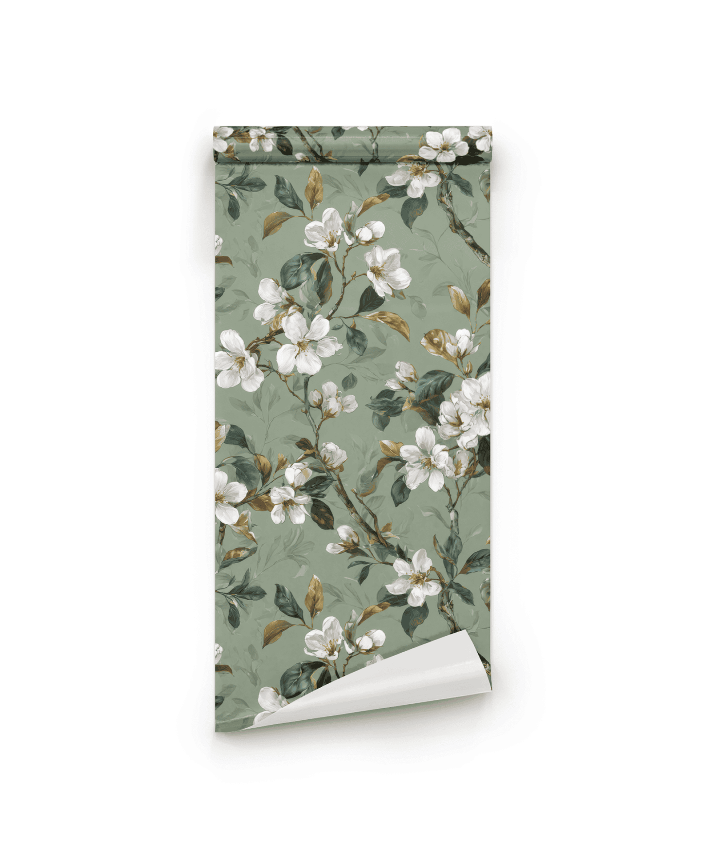 The Blossom Serenity Wallpaper features an elegant green background with white floral and leafy branch patterns, partially unrolled on a white surface—perfect as stylish white blossom wallpaper.