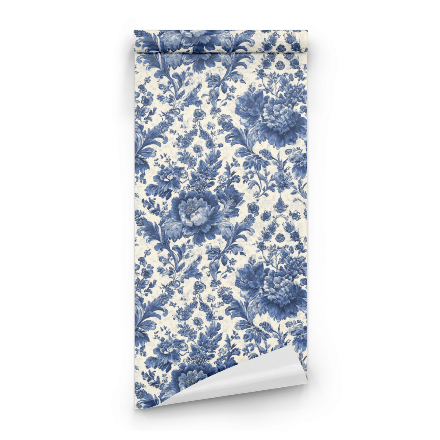 Blue Floral Wallpaper roll preview showing the filigree drawing and the Victorian floral detail in deep cerulean
