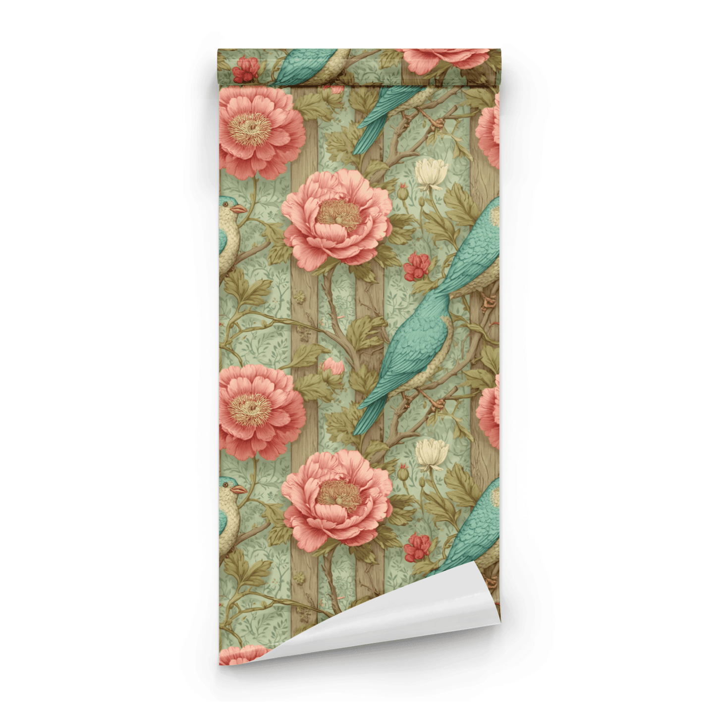 Green Floral Wallpaper roll preview showing the bird-and-floral detail and the cerulean green woodland palette