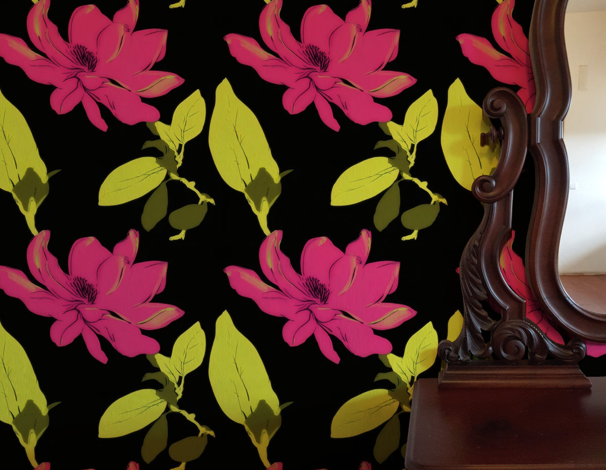 Electric Magnolia large scale wallpaper in a styled room