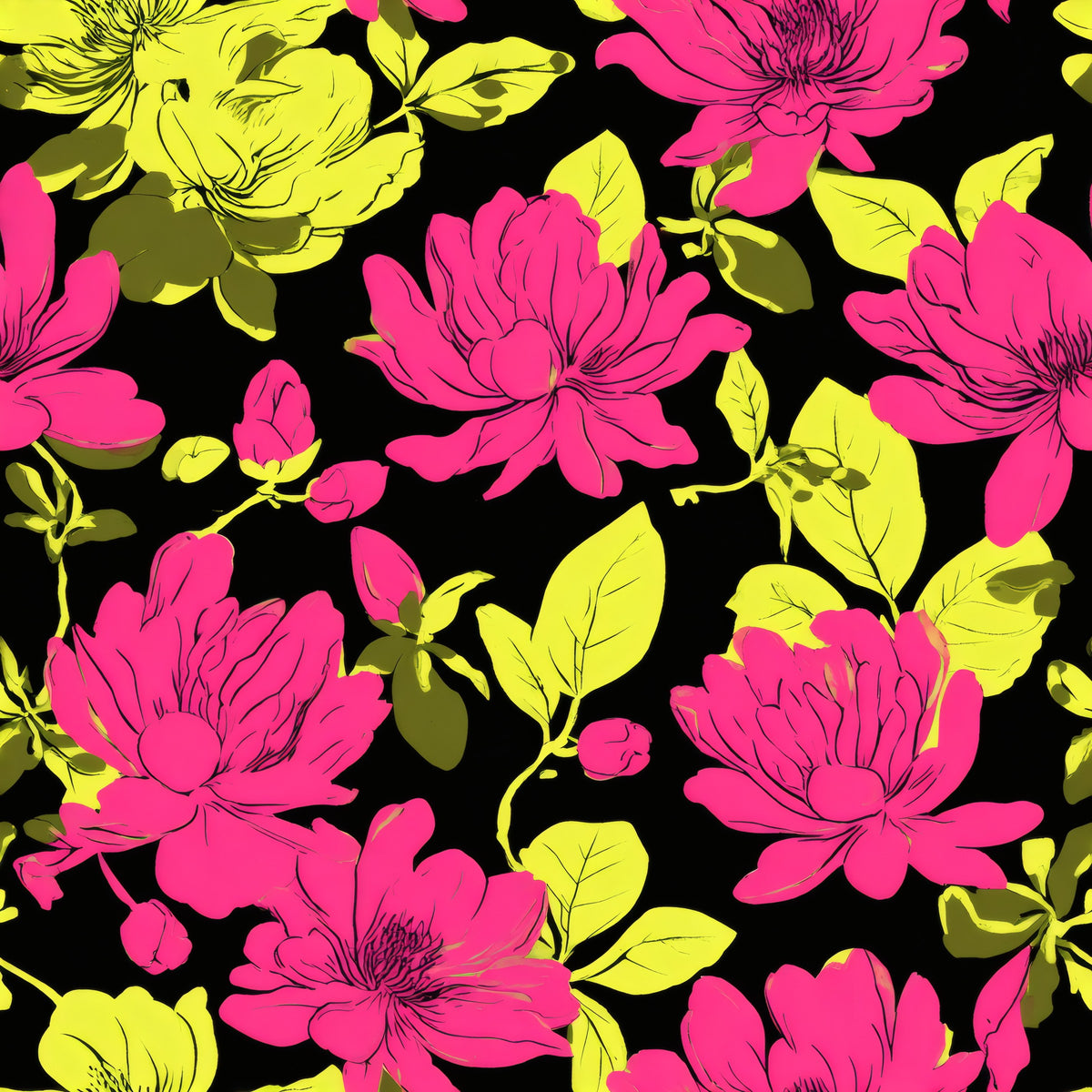 Flat hot pink magnolia flowers with chartreuse leaves on a black ground.