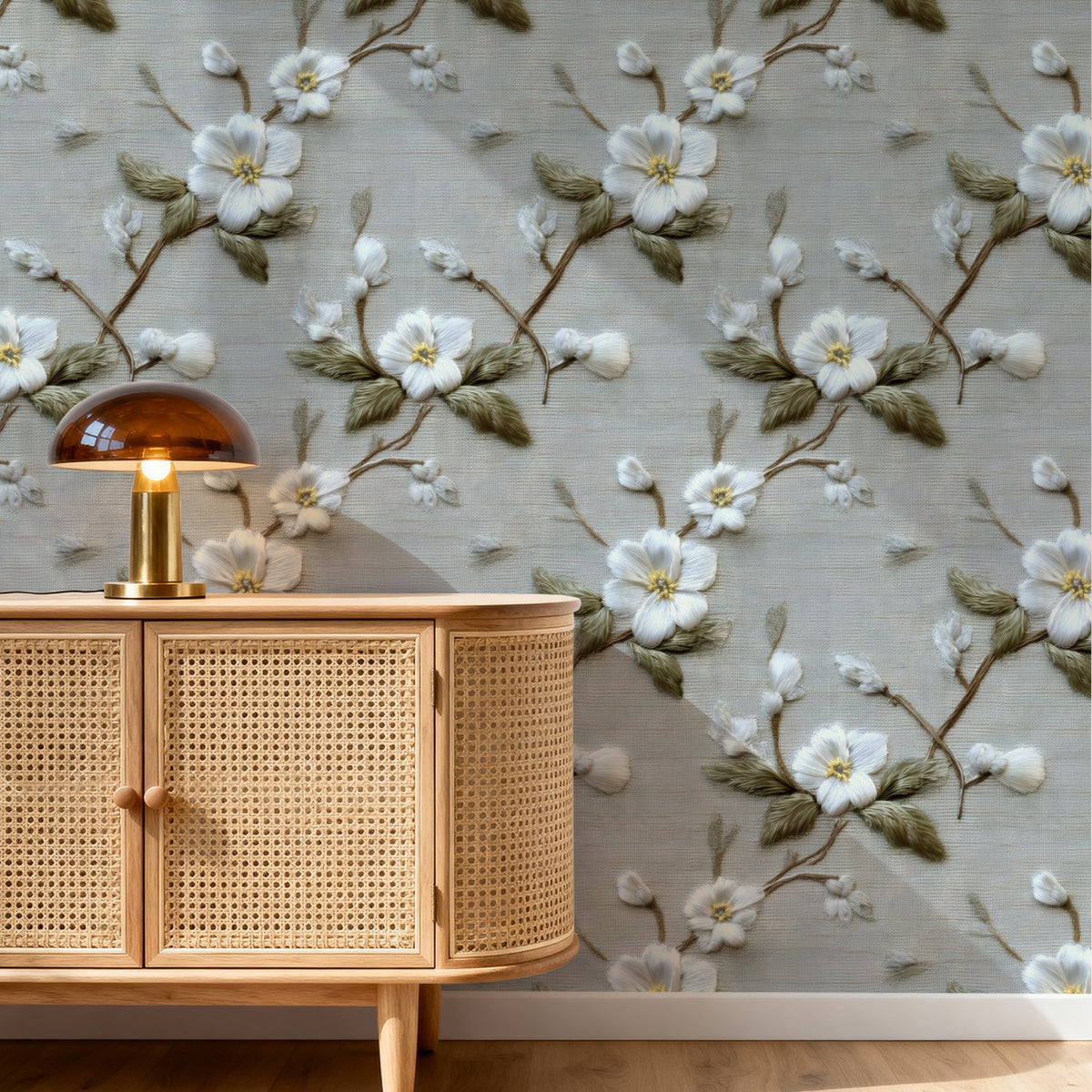 Embroidered Branch large scale wallpaper in a styled room