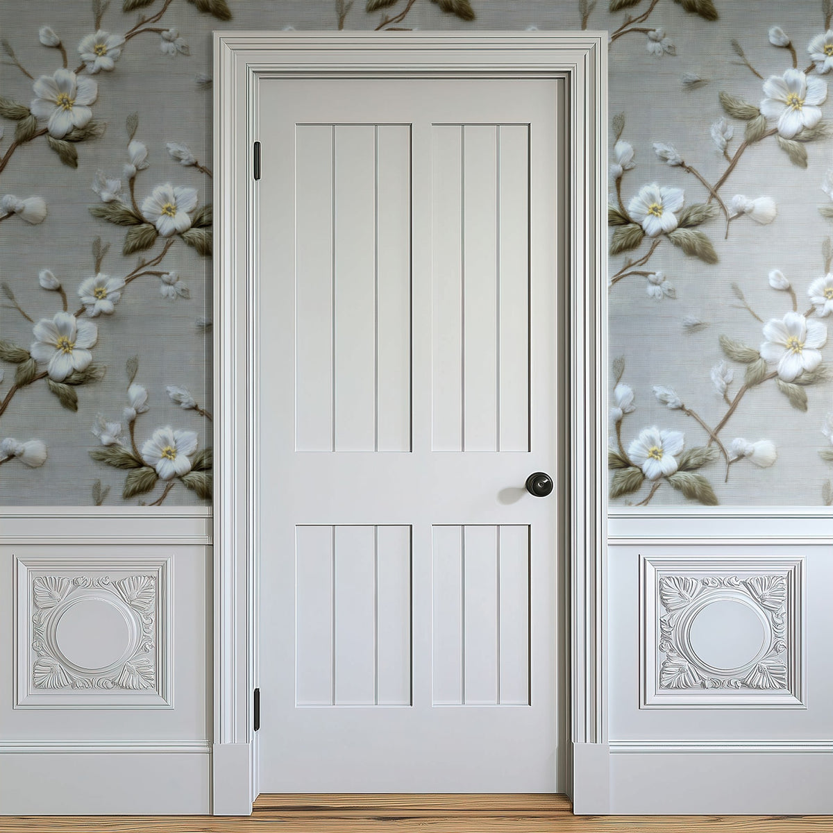 Embroidered Branch large scale wallpaper in a styled room