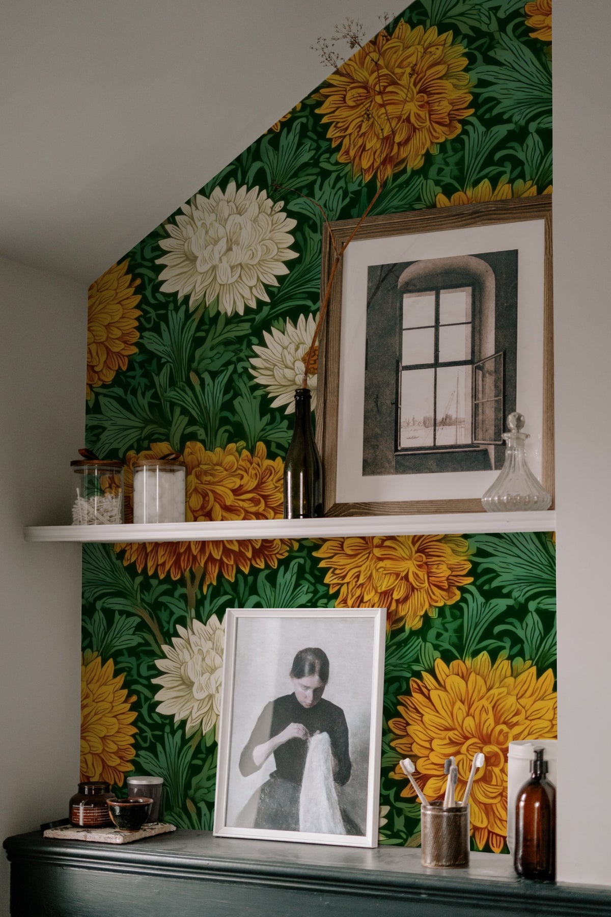 Emerald Marigold large scale wallpaper in a styled room
