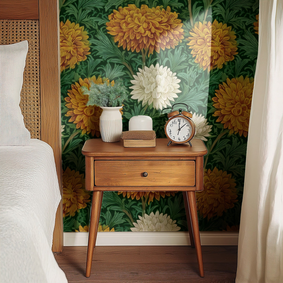 Emerald Marigold large scale wallpaper in a styled room